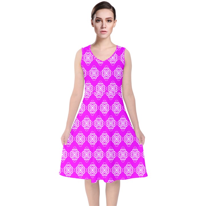 Abstract Knot Geometric Tile Pattern V-Neck Midi Sleeveless Dress 