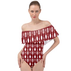Red And White Kitchen Utensils Pattern Off Shoulder Velour Bodysuit  by GardenOfOphir