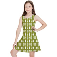 Olive Green Spatula Spoon Pattern Kids  Lightweight Sleeveless Dress by GardenOfOphir