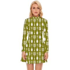 Olive Green Spatula Spoon Pattern Long Sleeve Velour Longline Dress by GardenOfOphir