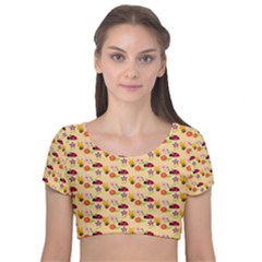 Colorful Ladybug Bess And Flowers Pattern Velvet Short Sleeve Crop Top  by GardenOfOphir
