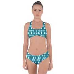 Teal And White Spatula Spoon Pattern Criss Cross Bikini Set