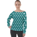 Teal And White Spatula Spoon Pattern Off Shoulder Long Sleeve Velour Top View1