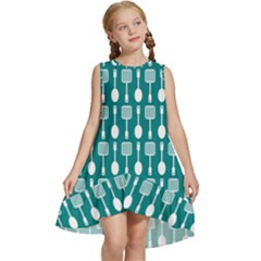 Teal And White Spatula Spoon Pattern Kids  Frill Swing Dress by GardenOfOphir