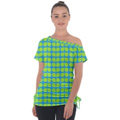 Blue Lime Leaf Pattern Off Shoulder Tie-up Tee