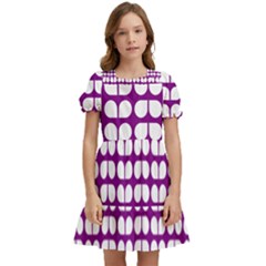 Purple And White Leaf Pattern Kids  Puff Sleeved Dress by GardenOfOphir