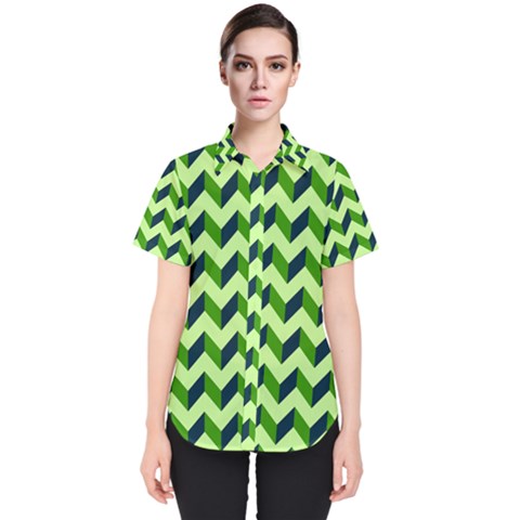 Modern Retro Chevron Patchwork Pattern Women s Short Sleeve Shirt by GardenOfOphir