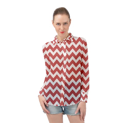 Coral Chevron Pattern Gifts Long Sleeve Chiffon Shirt by GardenOfOphir