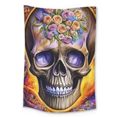 Skull With Flowers - Day Of The Dead Large Tapestry by GardenOfOphir