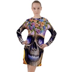 Skull With Flowers - Day Of The Dead Long Sleeve Hoodie Dress by GardenOfOphir