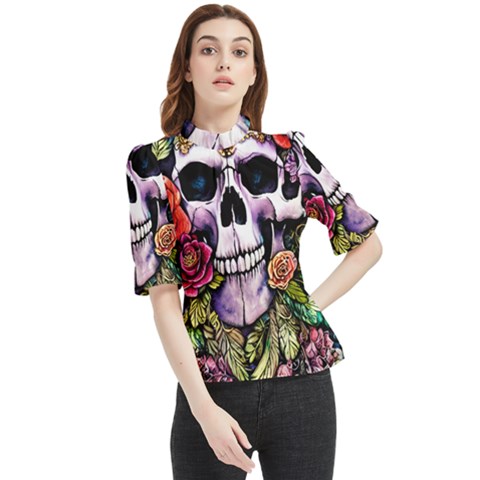 Sugar Skull With Flowers - Day Of The Dead Frill Neck Blouse by GardenOfOphir