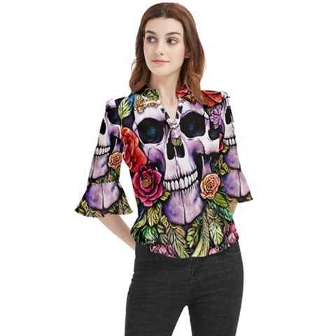 Sugar Skull With Flowers - Day Of The Dead Loose Horn Sleeve Chiffon Blouse by GardenOfOphir
