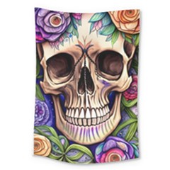 Retro Gothic Skull With Flowers - Cute And Creepy Large Tapestry by GardenOfOphir