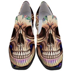 Retro Gothic Skull With Flowers - Cute And Creepy Women Slip On Heel Loafers by GardenOfOphir