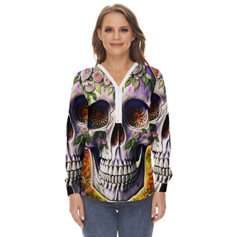 Cute Sugar Skull With Flowers - Day Of The Dead Zip Up Long Sleeve Blouse by GardenOfOphir