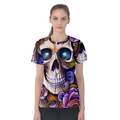 Gothic Cute Skull Floral Women s Cotton Tee by GardenOfOphir