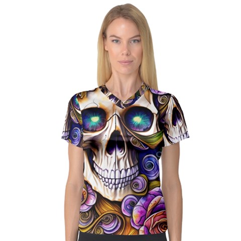 Gothic Cute Skull Floral V-neck Sport Mesh Tee by GardenOfOphir