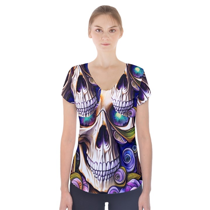 Gothic Cute Skull Floral Short Sleeve Front Detail Top