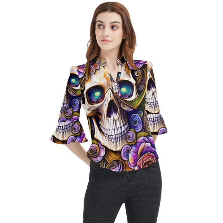 Gothic Cute Skull Floral Loose Horn Sleeve Chiffon Blouse