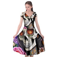 Sugar Skull Cap Sleeve Wrap Front Dress by GardenOfOphir