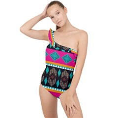 Abstract Art Pattern Design Vintage Frilly One Shoulder Swimsuit