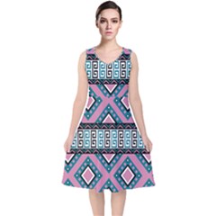 Pink Pattern Design Vintage V-neck Midi Sleeveless Dress 