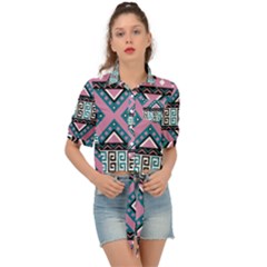 Pink Pattern Design Vintage Tie Front Shirt 