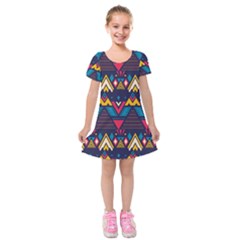 Pattern Colorful Aztec Kids  Short Sleeve Velvet Dress by Ravend