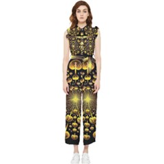 Mushroom Fungus Gold Psychedelic Women s Frill Top Chiffon Jumpsuit