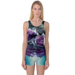 Roses Water Lilies Watercolor One Piece Boyleg Swimsuit by Ravend