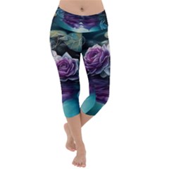 Roses Water Lilies Watercolor Lightweight Velour Capri Yoga Leggings