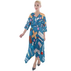 Medicine Pattern Quarter Sleeve Wrap Front Maxi Dress by SychEva