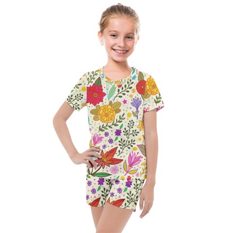 Colorful Flowers Pattern Abstract Patterns Floral Patterns Kids  Mesh Tee And Shorts Set by Semog4