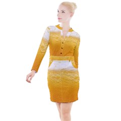 Texture Pattern Macro Glass Of Beer Foam White Yellow Button Long Sleeve Dress by Semog4