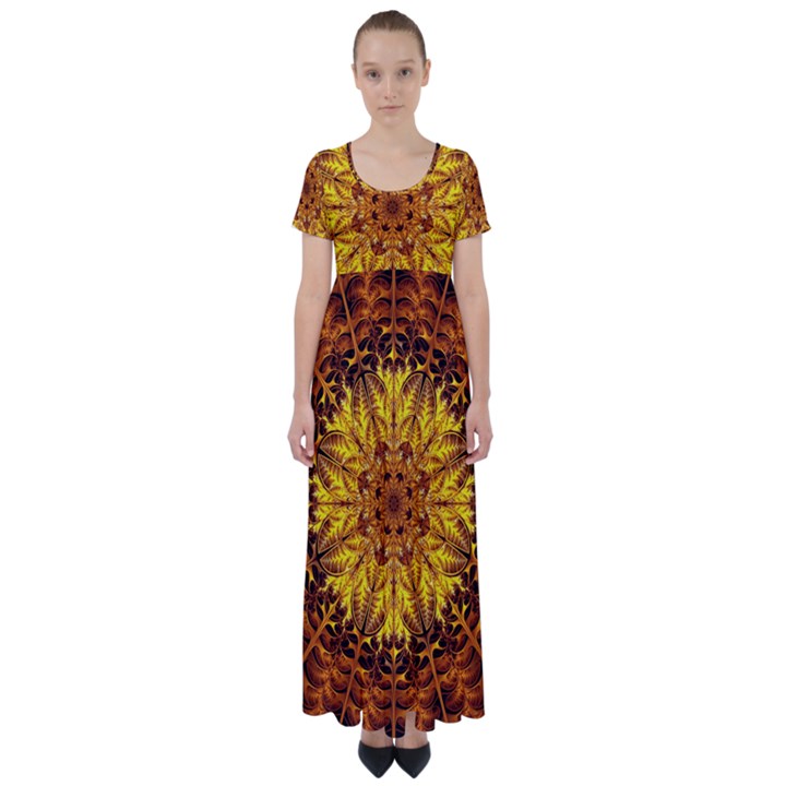 Abstract Gold Mandala Yellow High Waist Short Sleeve Maxi Dress