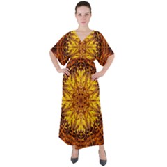 Abstract Gold Mandala Yellow V-neck Boho Style Maxi Dress by Semog4