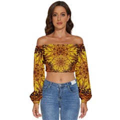 Abstract Gold Mandala Yellow Long Sleeve Crinkled Weave Crop Top by Semog4