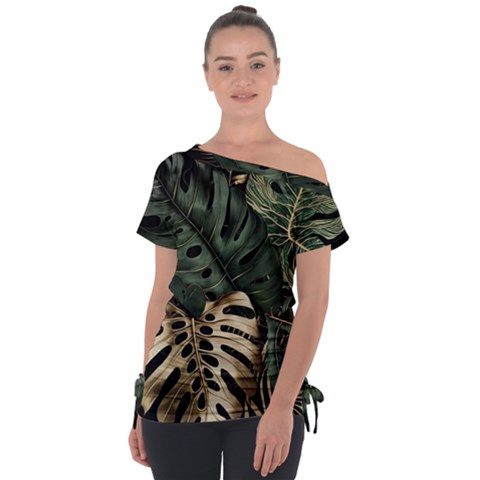 Tropical Leaves Foliage Monstera Nature Home Art Off Shoulder Tie-up Tee by Jancukart