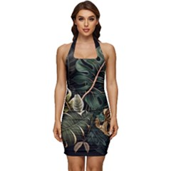 Tropical Leaves Foliage Monstera Nature Home Pattern Sleeveless Wide Square Neckline Ruched Bodycon Dress by Jancukart