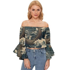 Sea Dragon Kanagawa Sea Monster Off Shoulder Flutter Bell Sleeve Top