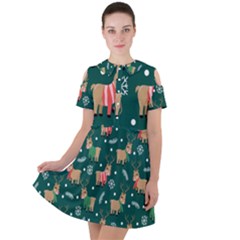 Cute Christmas Pattern Doodle Short Sleeve Shoulder Cut Out Dress 