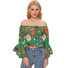 Colorful Funny Christmas Pattern Off Shoulder Flutter Bell Sleeve Top by Semog4