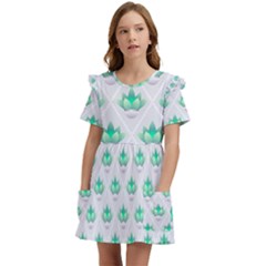 Plant Pattern Green Leaf Flora Kids  Frilly Sleeves Pocket Dress