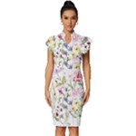 bunch of flowers Vintage Frill Sleeve V-Neck Bodycon Dress