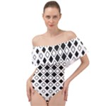 Square-diagonal-pattern-monochrome Off Shoulder Velour Bodysuit 