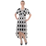 Square-diagonal-pattern-monochrome Front Wrap High Low Dress