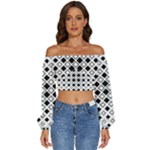 Square-diagonal-pattern-monochrome Long Sleeve Crinkled Weave Crop Top