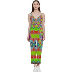 Farbenpracht Kaleidoscope Pattern V-neck Spaghetti Strap Tie Front Jumpsuit by Semog4