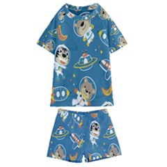 Seamless Pattern Funny Astronaut Outer Space Transportation Kids  Swim Tee And Shorts Set by Semog4