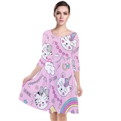 Beautiful Cute Animals Pattern Pink Quarter Sleeve Waist Band Dress by Semog4